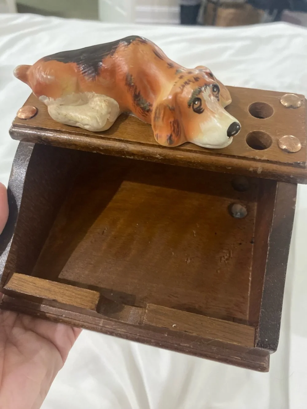 Vintage Ceramic Basset Hound on Wooden Office supply Holder - Brown & Orange